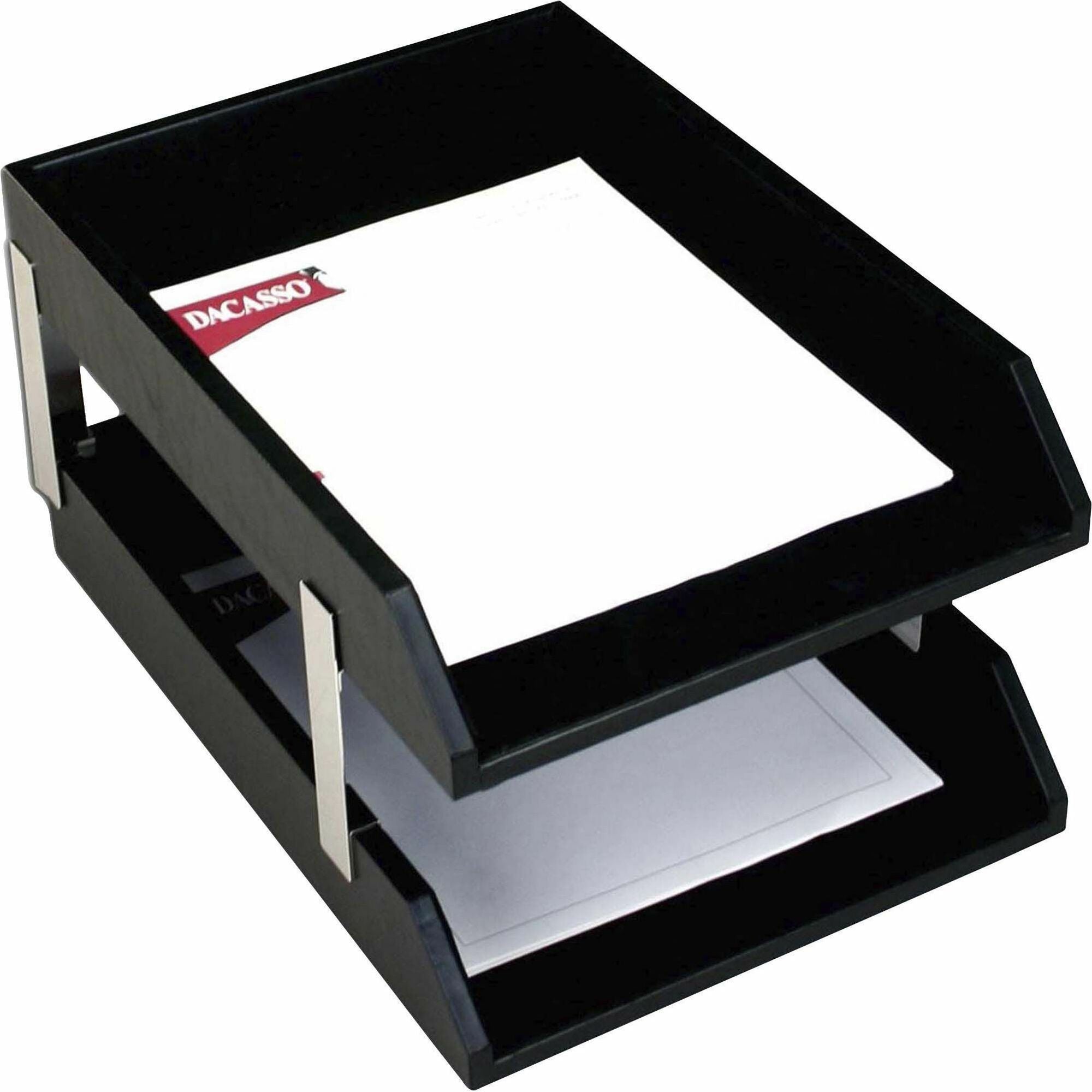 Dacasso Classic Leather Double Legal Trays, Black, Top Grain Leather, Velveteen, Includes Silver Stacking Posts, 1 Each