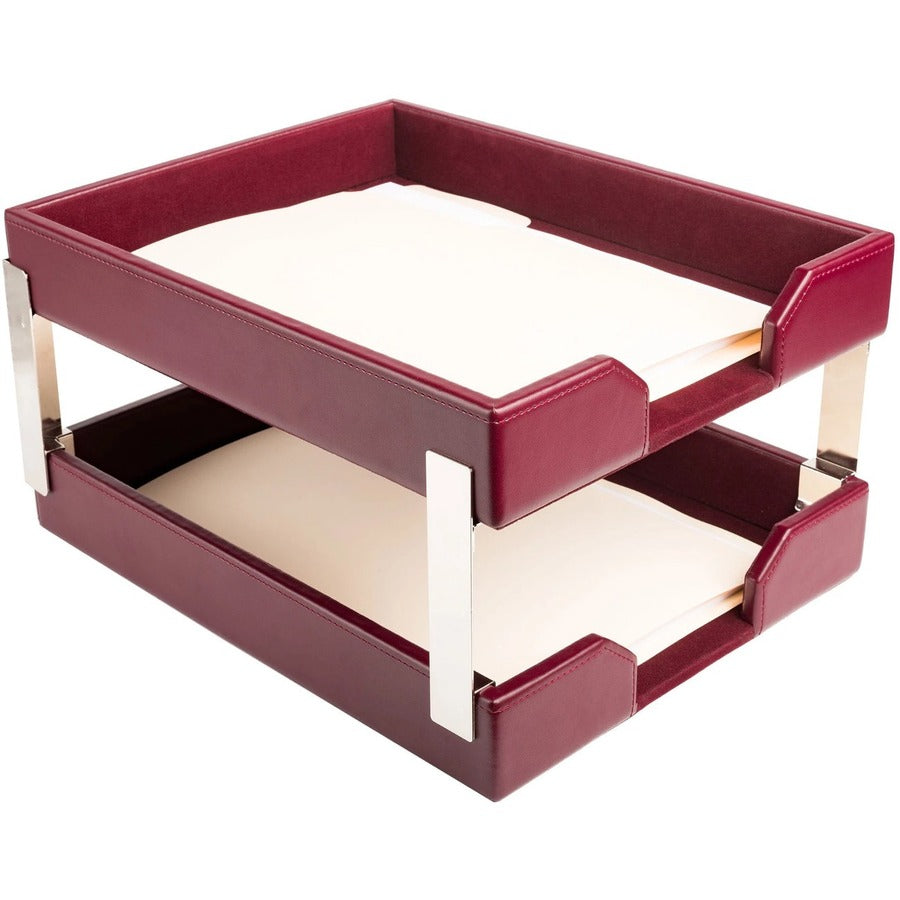 Dacasso Bonded Leather Double Letter Trays - Desktop - Burgundy - Bonded Leather, Velveteen - 1 Each