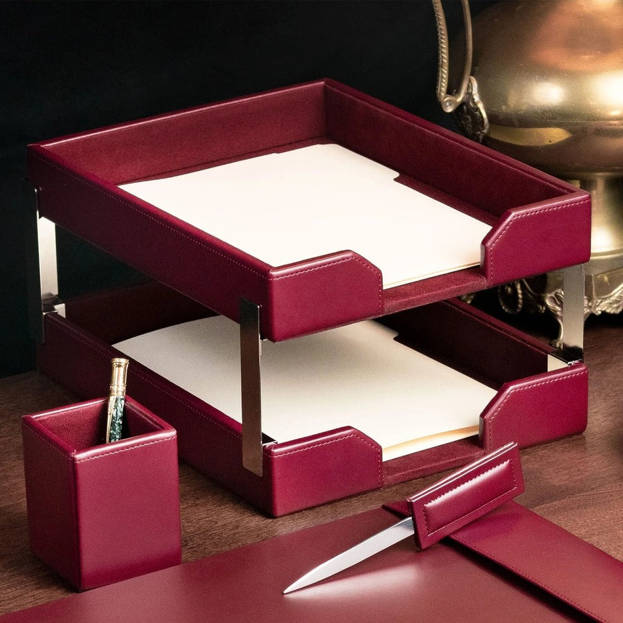 Dacasso Bonded Leather Double Letter Trays - Desktop - Burgundy - Bonded Leather, Velveteen - 1 Each