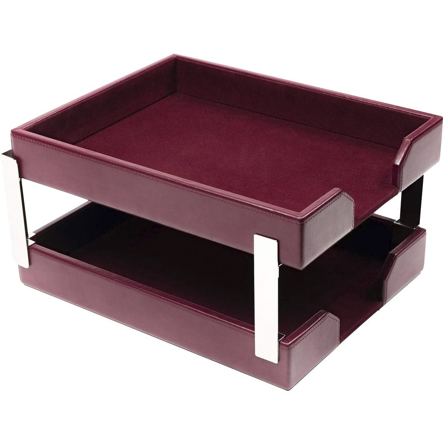 Dacasso Bonded Leather Double Letter Trays - Desktop - Burgundy - Bonded Leather, Velveteen - 1 Each