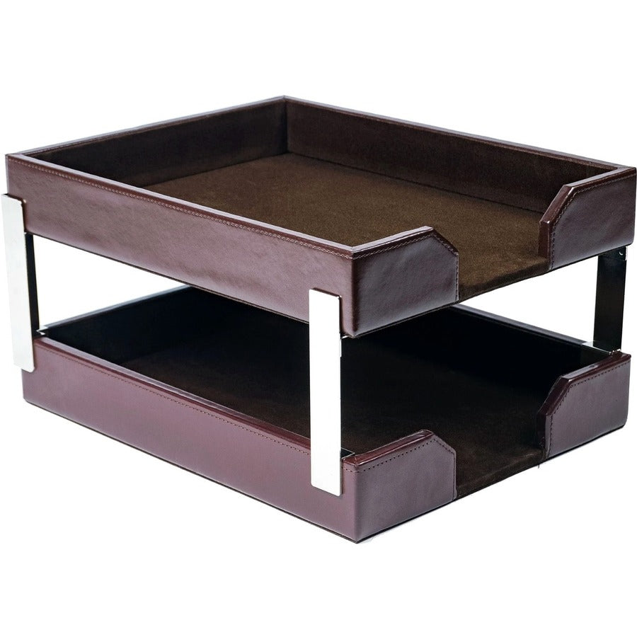Dacasso Bonded Leather Double Letter Trays - Desktop - Dark Brown - Bonded Leather, Velveteen - 1 Each