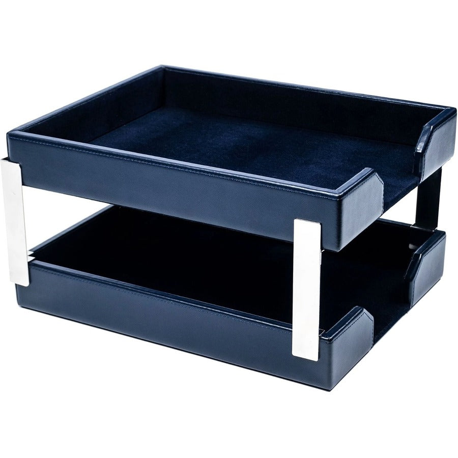 Dacasso Bonded Leather Double Letter Trays - Desktop - Navy Blue - Bonded Leather, Velveteen - 1 Each
