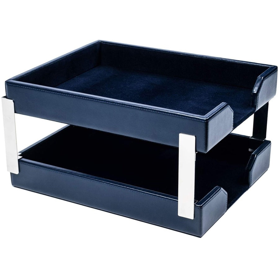 Dacasso Bonded Leather Double Letter Trays - Desktop - Navy Blue - Bonded Leather, Velveteen - 1 Each
