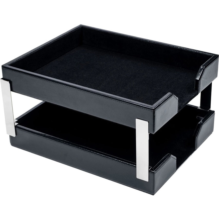 Dacasso Bonded Leather Double Letter Trays - Desktop - Black - Bonded Leather, Velveteen - 1 Each