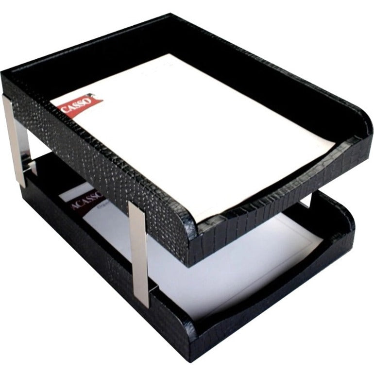 Dacasso Crocodile Embossed Black Leather Double Letter Trays