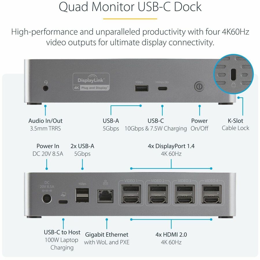 StarTech.com Docking Station, USB-C, 100W, 4 Display Support, 4K, 4 x HDMI, 4 x USB (3 x USB-A, 1 x USB-C), Gigabit Ethernet, Audio Out, Black/Space Gray, 1 Each