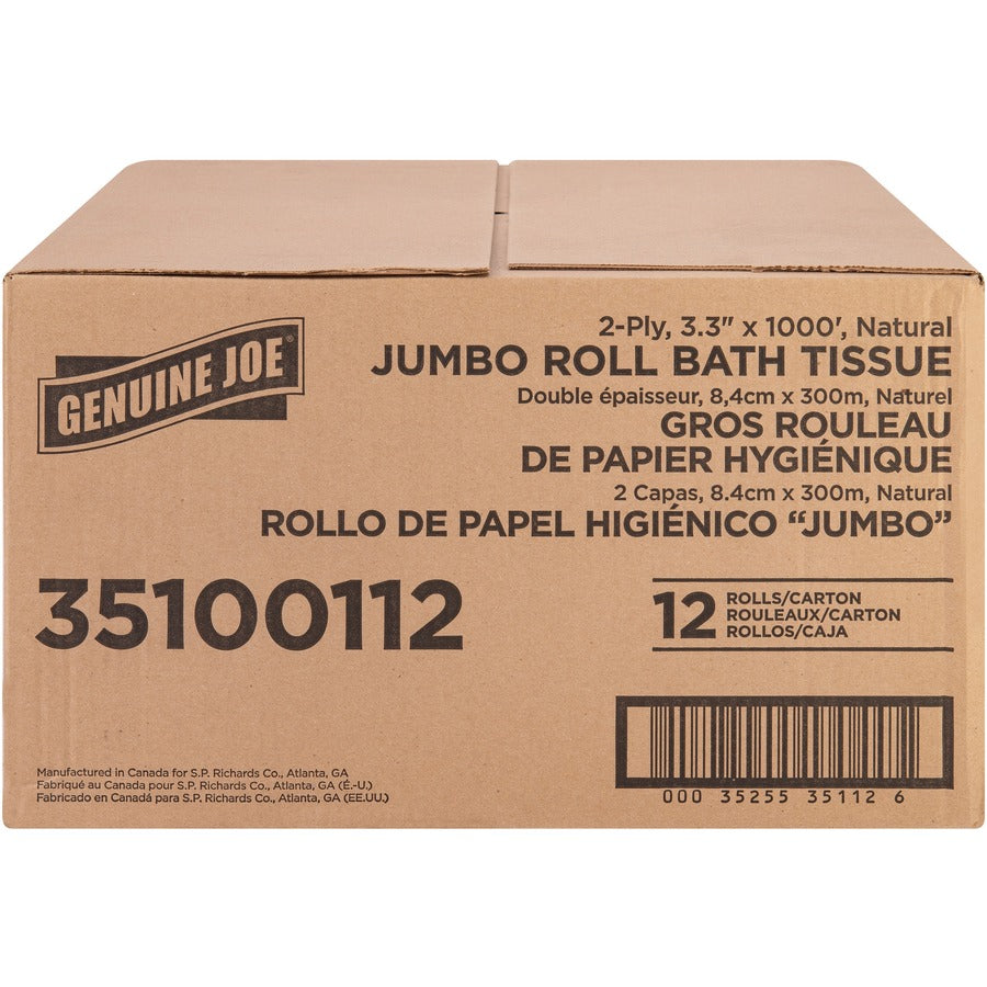 Genuine Joe Jumbo Jr Dispenser Bath Tissue Roll - 2 Ply - 3.30" Width x 1000 ft Length - 8.88" Roll Diameter - White - Fiber - 12 / Carton