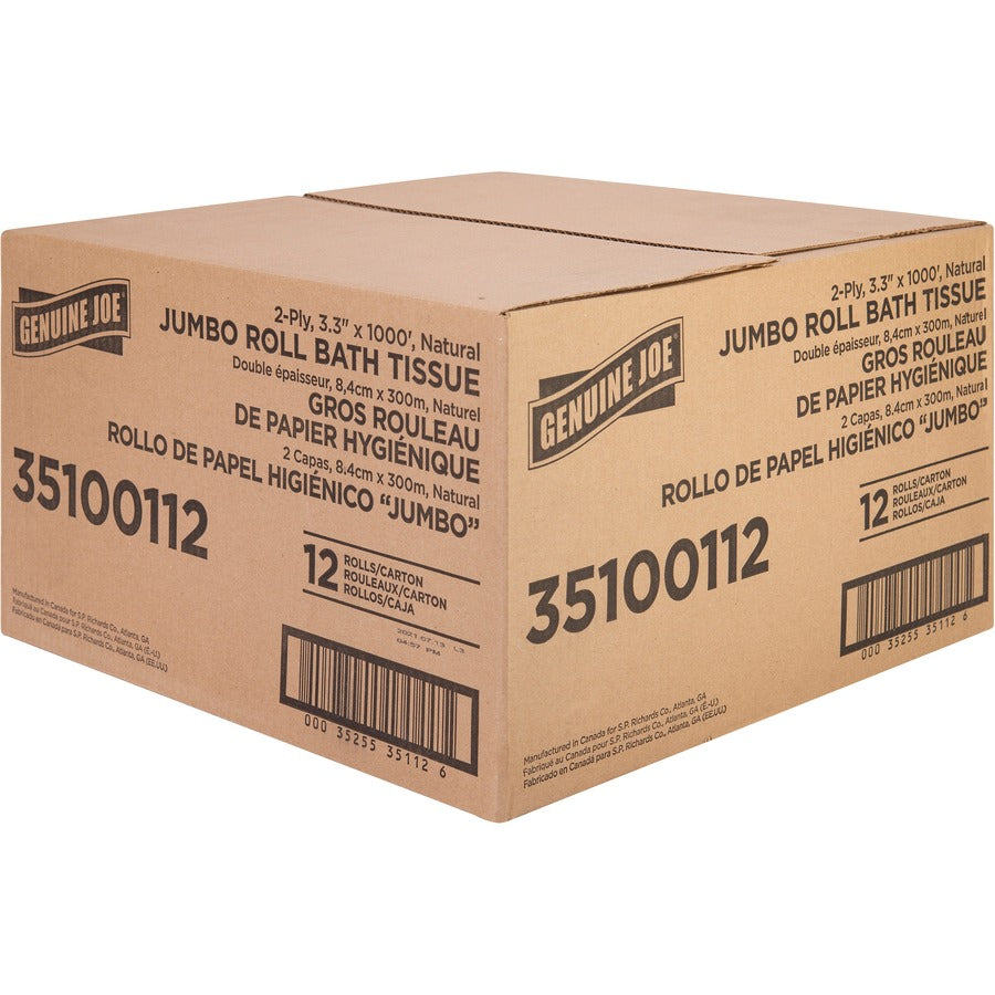 Genuine Joe Jumbo Jr Dispenser Bath Tissue Roll - 2 Ply - 3.30" Width x 1000 ft Length - 8.88" Roll Diameter - White - Fiber - 12 / Carton