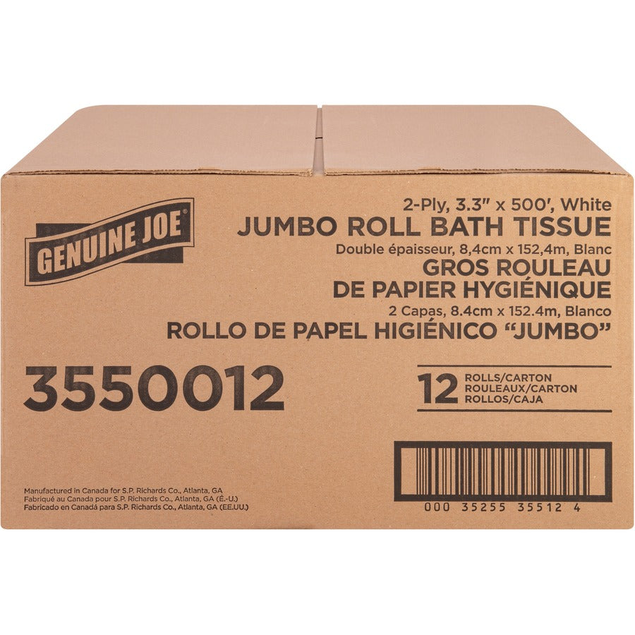 Genuine Joe Jumbo Jr Dispenser Bath Tissue Roll - 2 Ply - 3.30" Width x 500 ft Length - 8.88" Roll Diameter - White - Fiber - 12 / Carton
