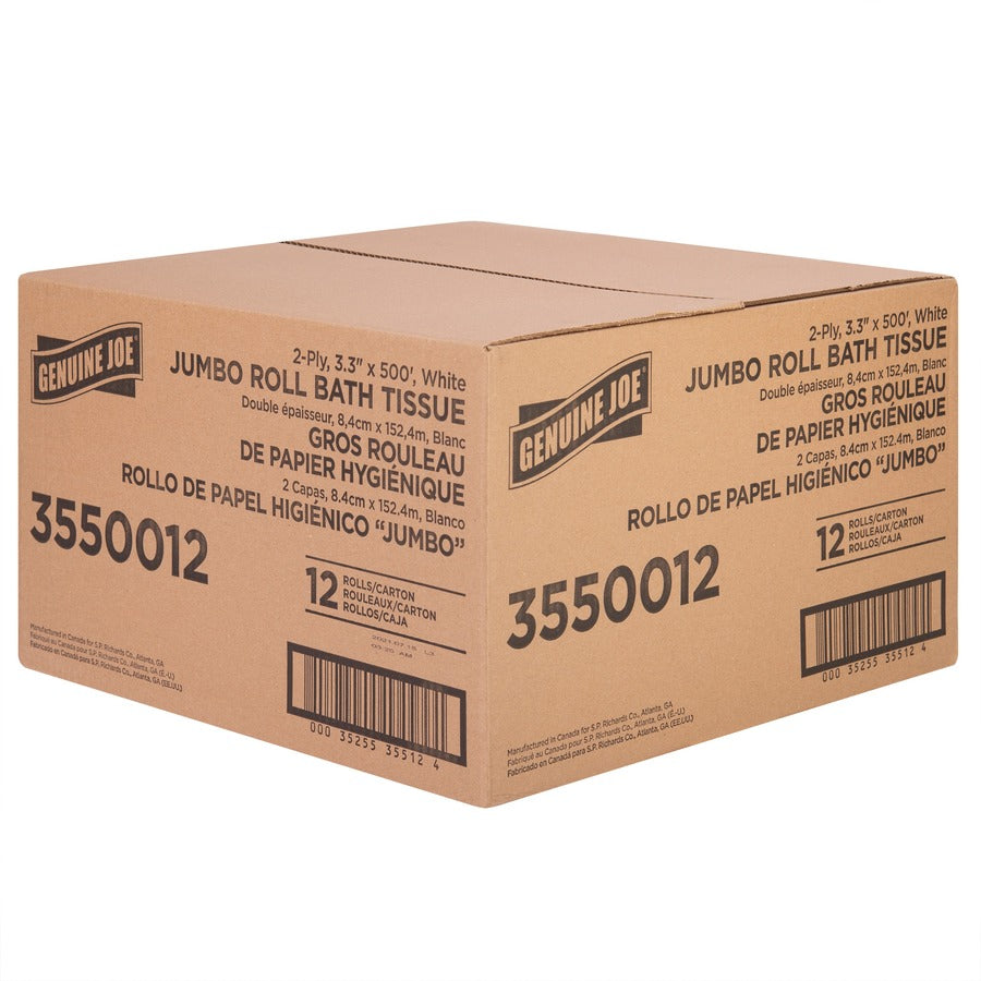 Genuine Joe Jumbo Jr Dispenser Bath Tissue Roll - 2 Ply - 3.30" Width x 500 ft Length - 8.88" Roll Diameter - White - Fiber - 12 / Carton