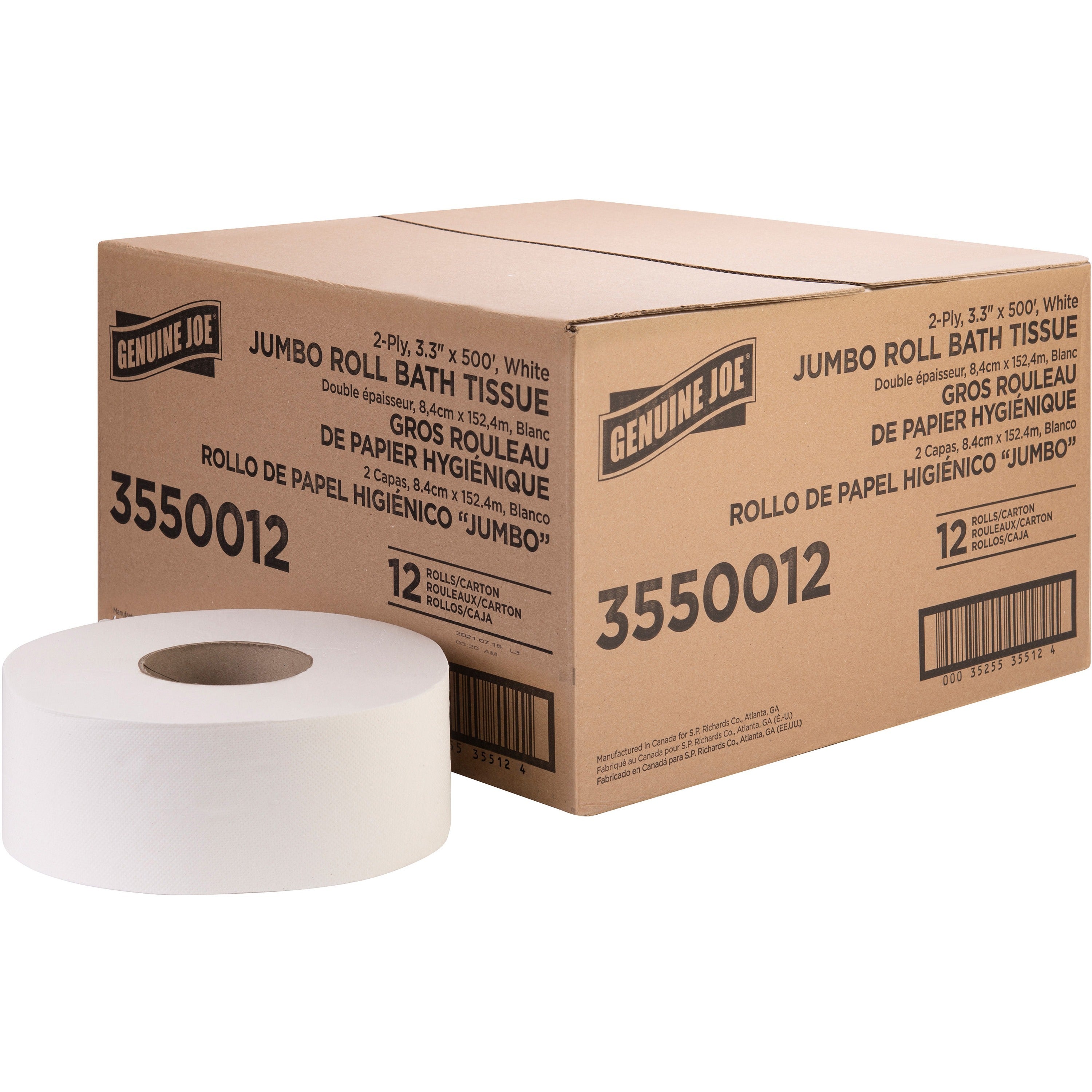 Genuine Joe Jumbo Jr Dispenser Bath Tissue Roll - 2 Ply - 3.30" Width x 500 ft Length - 8.88" Roll Diameter - White - Fiber - 12 / Carton