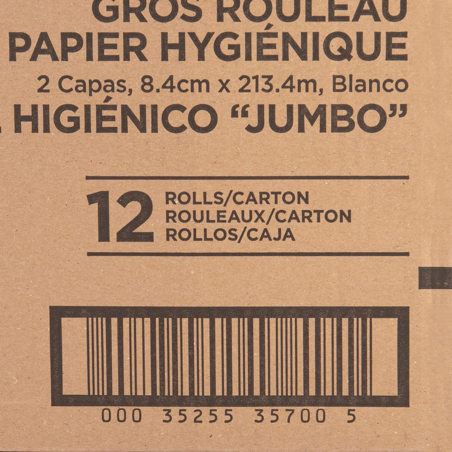 Genuine Joe Jumbo Jr Dispenser Bath Tissue Roll - 2 Ply - 3.30" Width x 700 ft Length - 8.88" Roll Diameter - White - Fiber - 12 / Carton