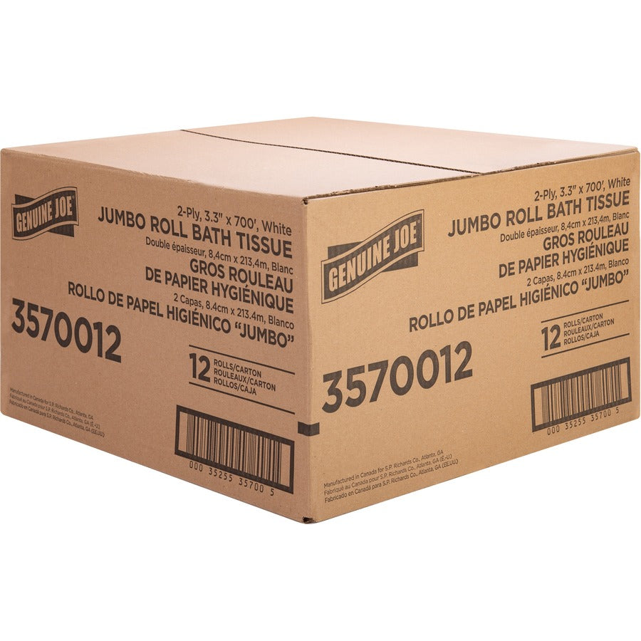 Genuine Joe Jumbo Jr Dispenser Bath Tissue Roll - 2 Ply - 3.30" Width x 700 ft Length - 8.88" Roll Diameter - White - Fiber - 12 / Carton