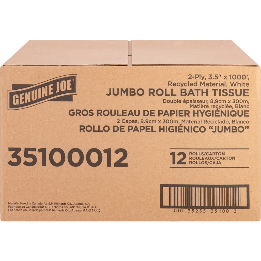Genuine Joe Jumbo Jr Dispenser Bath Tissue Roll - 2 Ply - 3.50" Width x 1000 ft Length - 8.88" Roll Diameter - White - Fiber - 12 / Carton