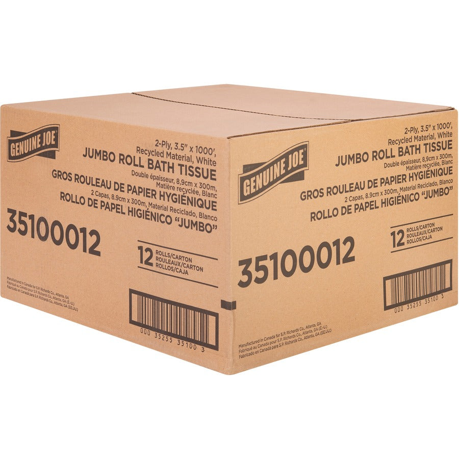 Genuine Joe Jumbo Jr Dispenser Bath Tissue Roll - 2 Ply - 3.50" Width x 1000 ft Length - 8.88" Roll Diameter - White - Fiber - 12 / Carton