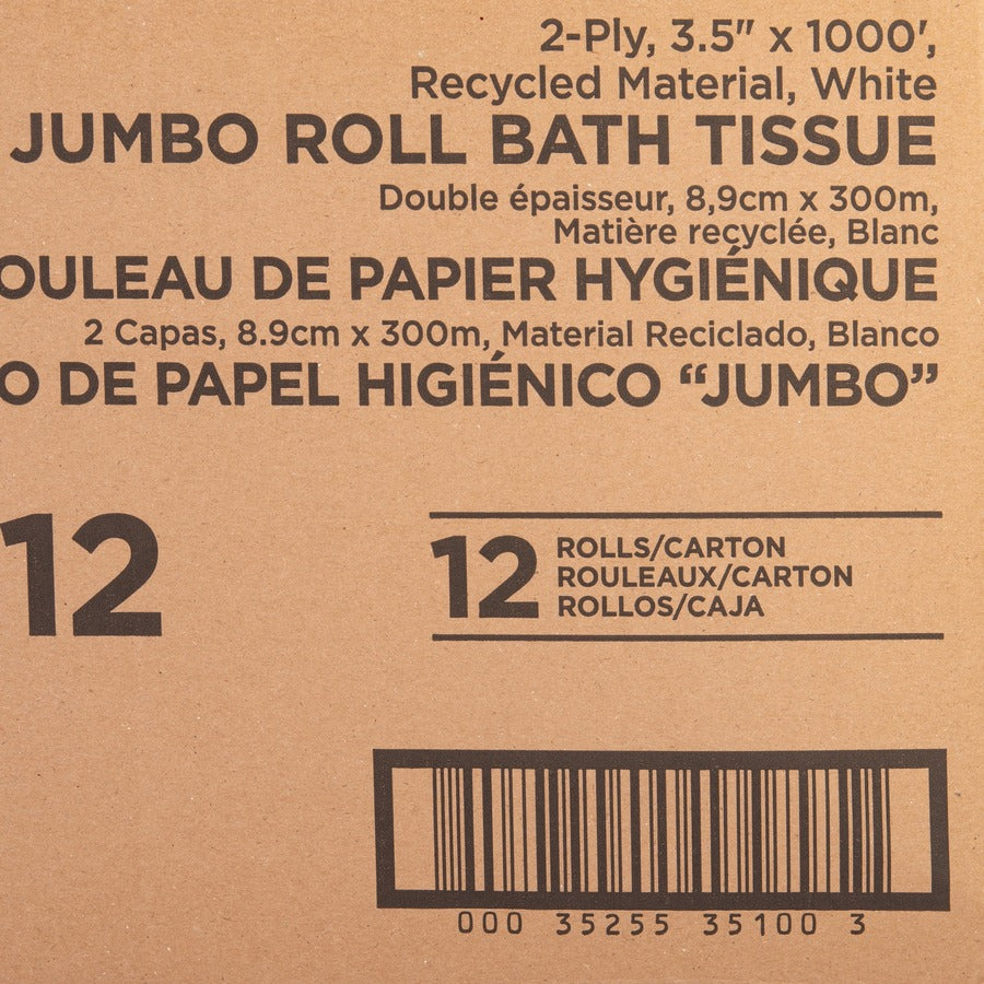 Genuine Joe Jumbo Jr Dispenser Bath Tissue Roll - 2 Ply - 3.50" Width x 1000 ft Length - 8.88" Roll Diameter - White - Fiber - 12 / Carton