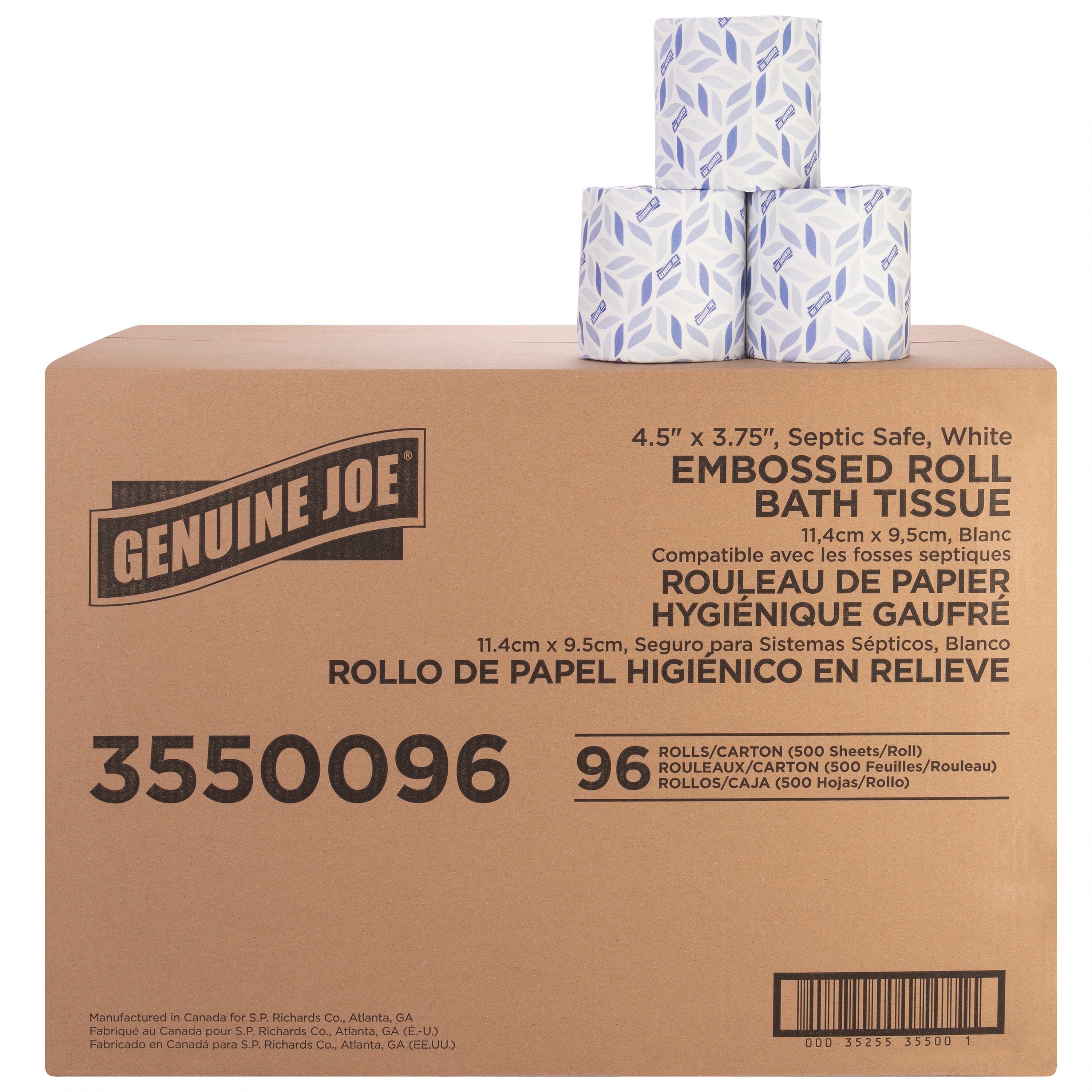 2 Ply - 4.50" Width x 3.80" Length - 500 Sheets/Roll - Embossed - White - Fiber - 96 / Carton