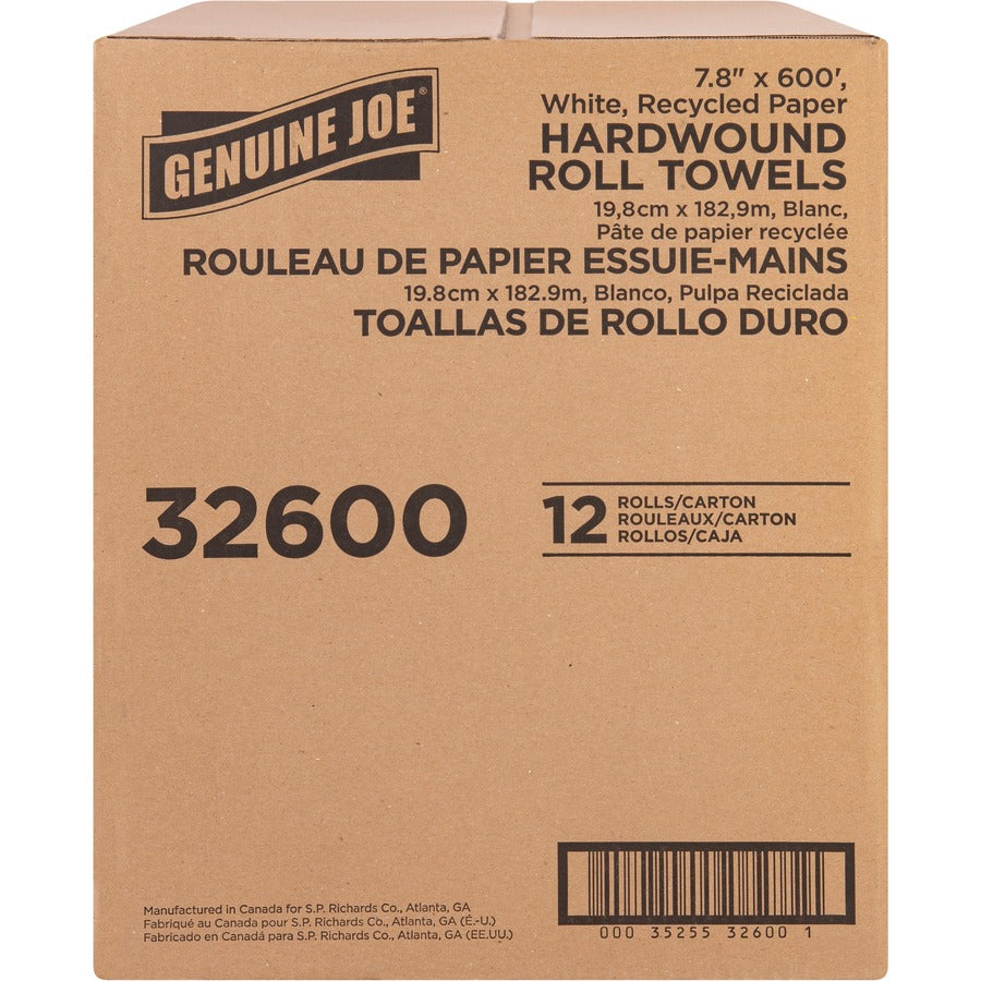 Genuine Joe Hardwound Roll Paper Towels - 7.80" Width x 600 ft Length - 2" Core - Embossed Design - White - Paper - 12 / Carton