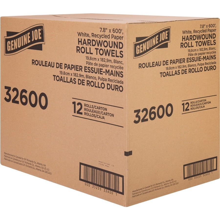 Genuine Joe Hardwound Roll Paper Towels - 7.80" Width x 600 ft Length - 2" Core - Embossed Design - White - Paper - 12 / Carton