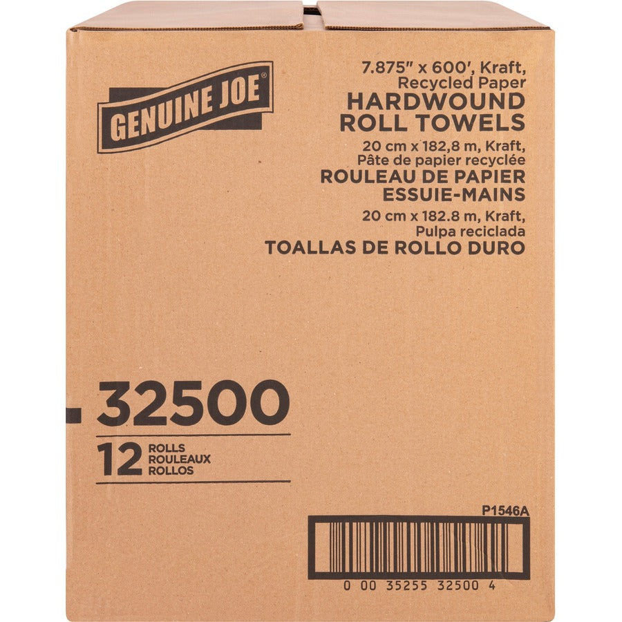 Genuine Joe Embossed Hardwound Roll Towels - 7.87" Width x 600 ft Length - 2" Core - Embossed Design - Brown - 12 / Carton