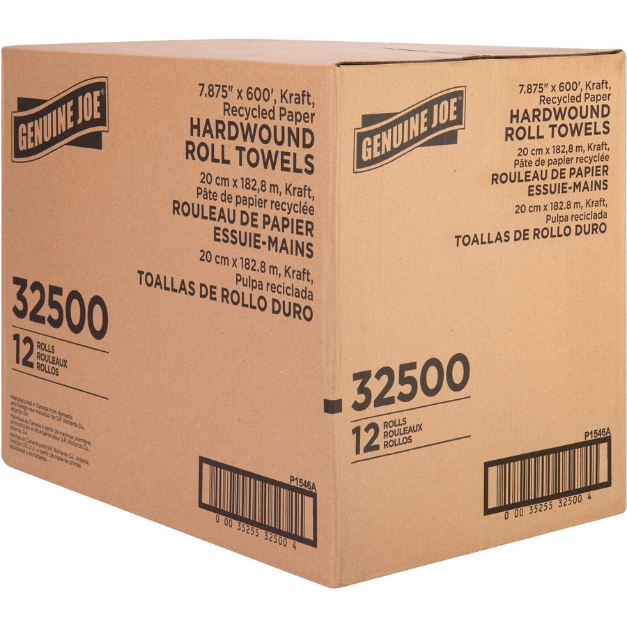 Genuine Joe Embossed Hardwound Roll Towels - 7.87" Width x 600 ft Length - 2" Core - Embossed Design - Brown - 12 / Carton