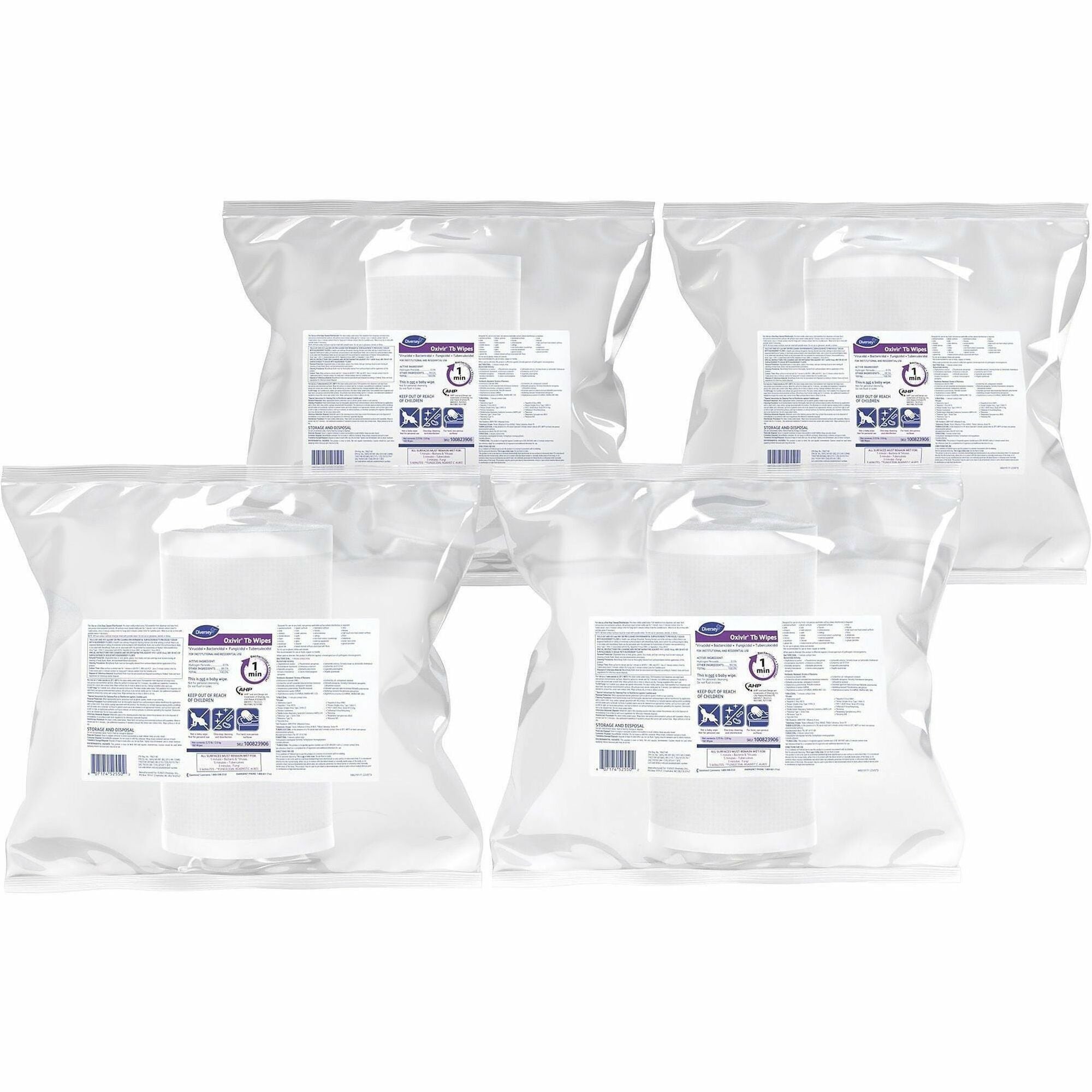 Diversey Oxivir Tb Wipes - For Nonporous Surface - Ready-To-Use - Surfactant Scent - 12" Length x 11" Width - VOC-free, Fragrance-free, NPE-free, Non-irritating, Color-free - White - 160/Bag - 4 / Carton