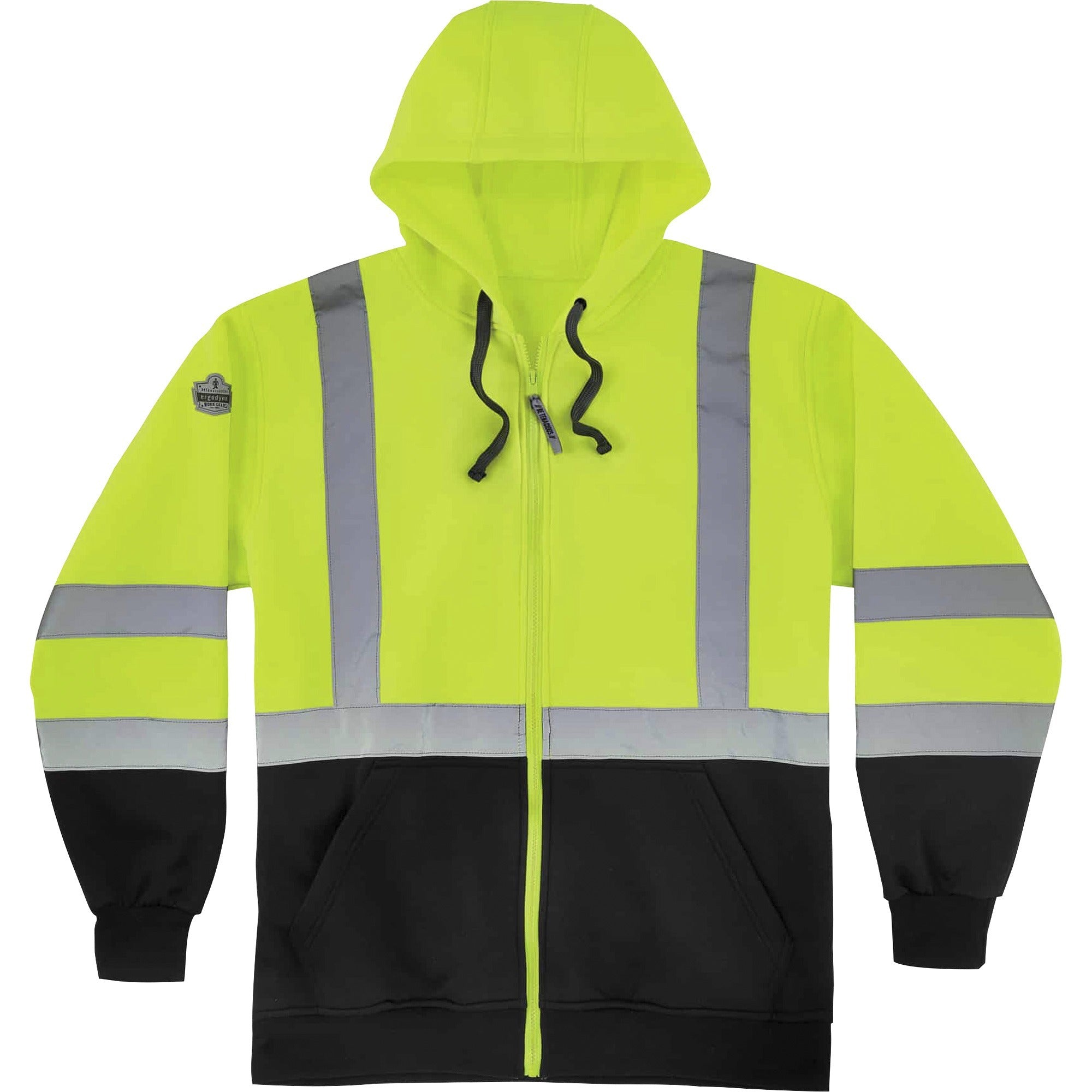 Ergodyne GloWear 8372 Zip-Up Hi-Vis Hooded Sweatshirt, 2X-Large, Yellow/Black, Polar Fleece, Reflective Straps, Drawstring Hood, Elastic Cuffs, Front Zipper, 1 Each