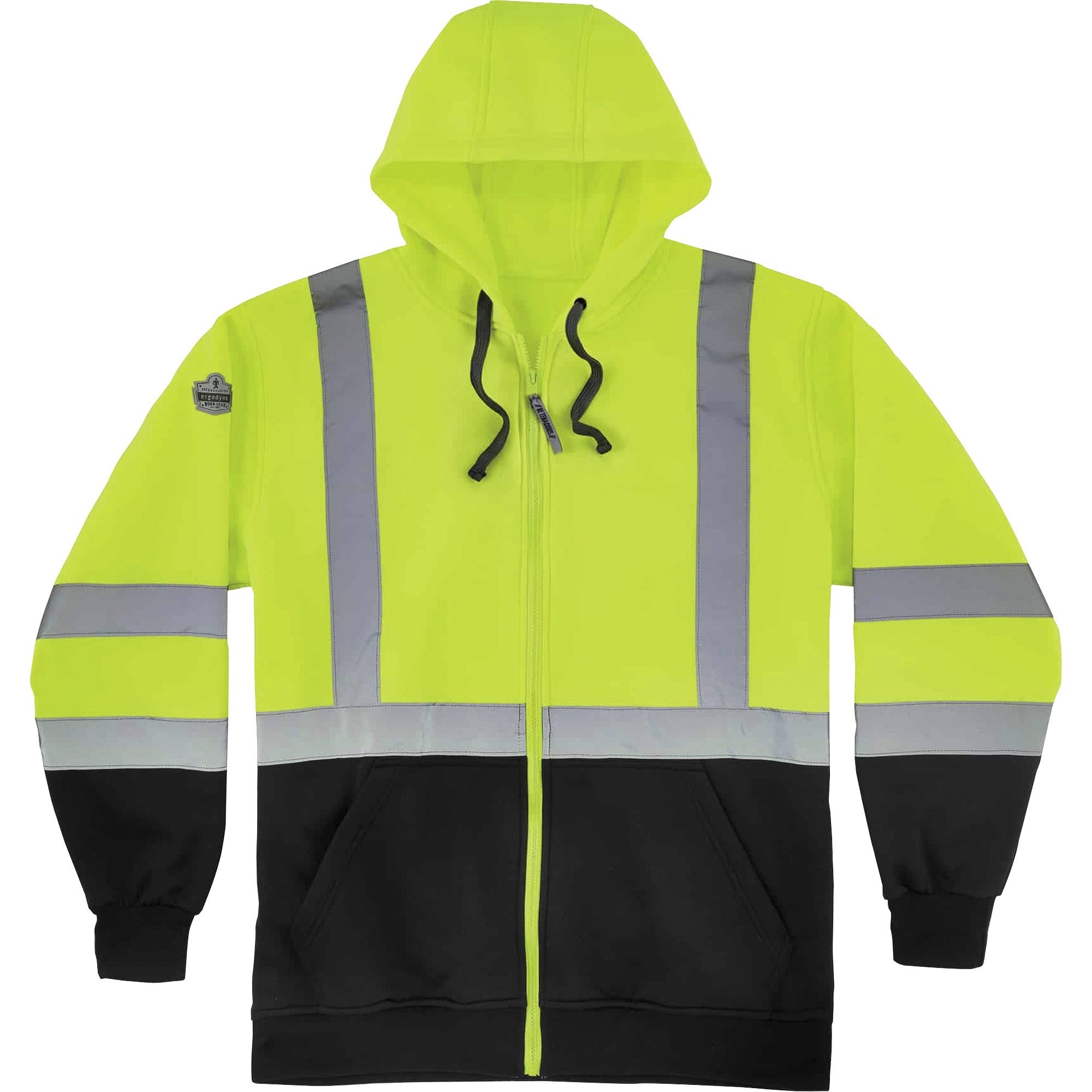 Ergodyne GloWear 8372 Zip-Up Hi-Vis Hooded Sweatshirt, 5X-Large, Yellow/Black, Polar Fleece, Reflective Straps, Drawstring Hood, Elastic Cuffs, Front Zipper, 1 Each
