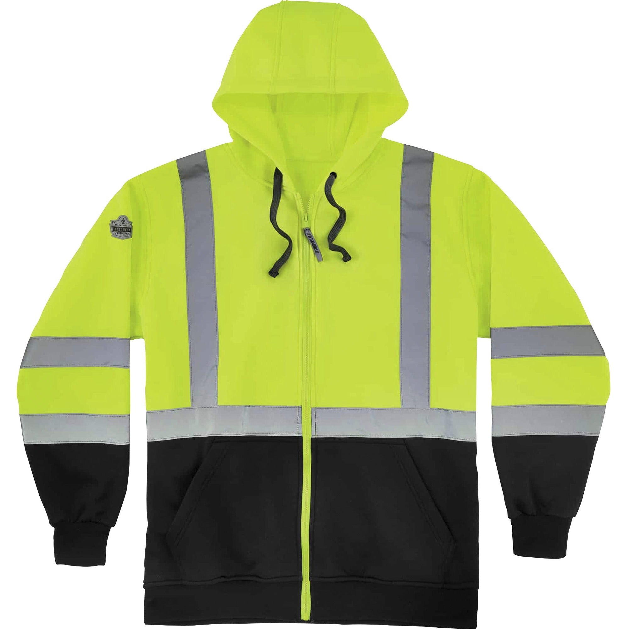 Ergodyne GloWear 8372 Zip-Up Hi-Vis Hooded Sweatshirt, Large, Yellow/Black, Polar Fleece, Reflective Straps, Drawstring Hood, Elastic Cuffs, Front Zipper, 1 Each
