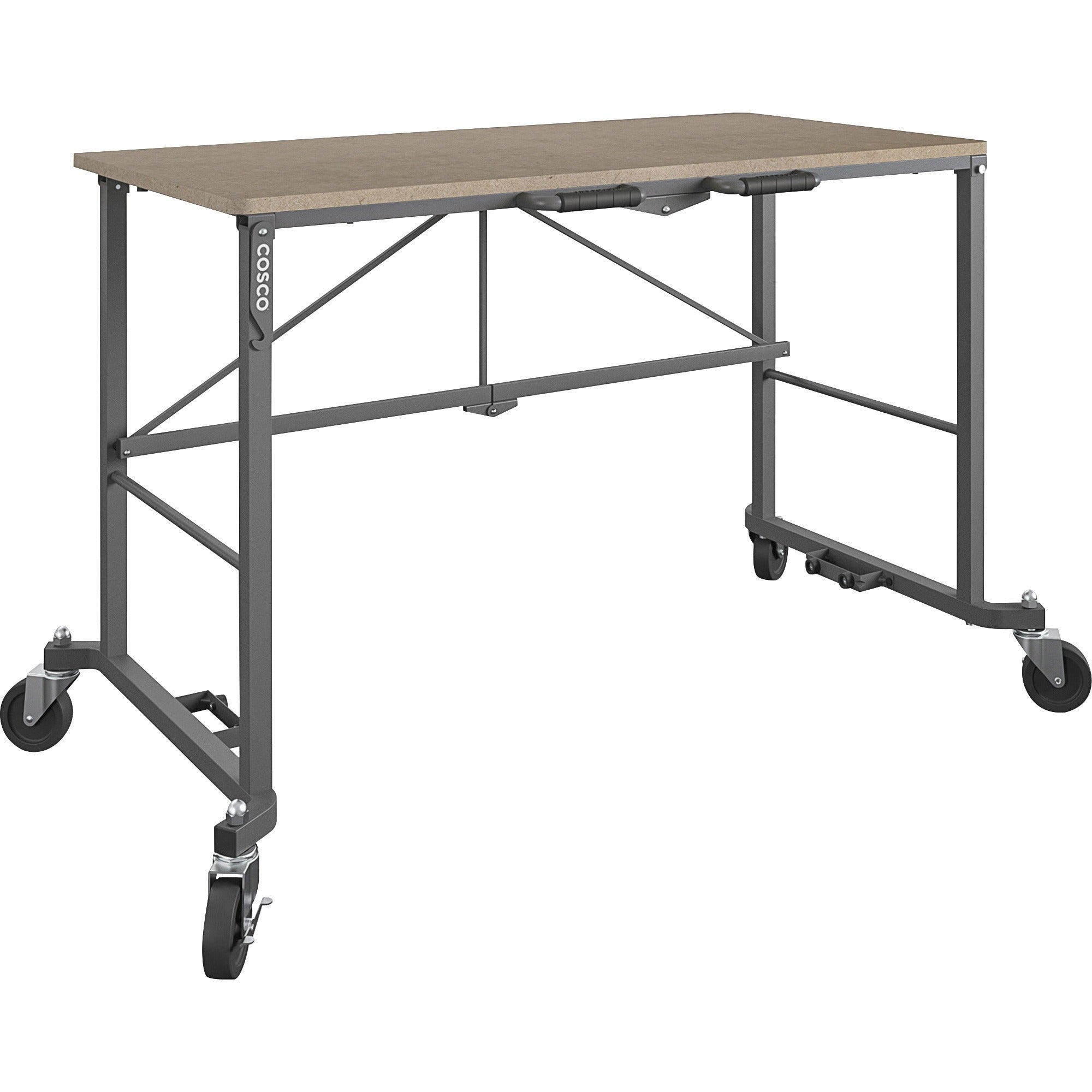 Cosco SmartFold Portable Work Desk Table, Rectangle Top, Four Leg Base, 350 lb Capacity, 51.40" W x 26.50" D x 55.45" H, Brown Steel Frame, MDF Top, Foldable, Locking Casters, 1 Each