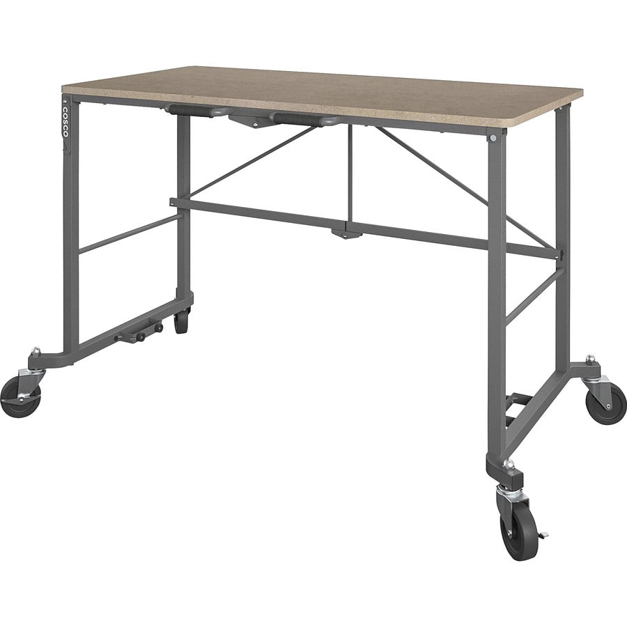 Cosco SmartFold Portable Work Desk Table, Rectangle Top, Four Leg Base, 350 lb Capacity, 51.40" W x 26.50" D x 55.45" H, Brown Steel Frame, MDF Top, Foldable, Locking Casters, 1 Each