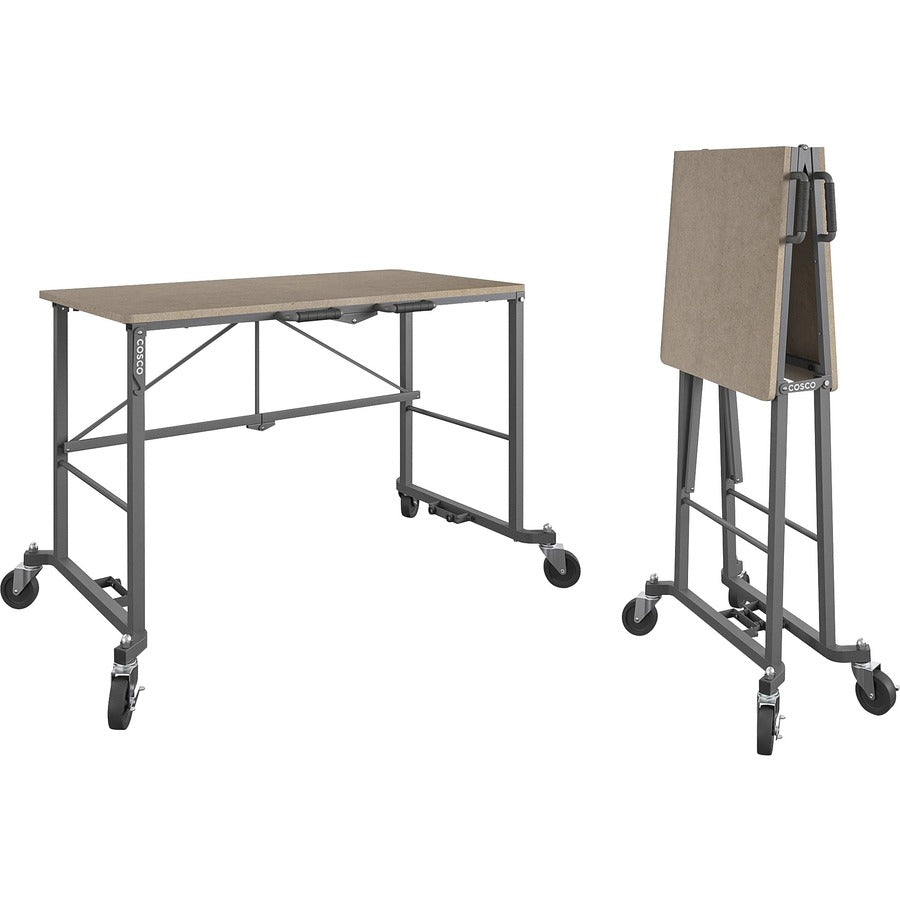 Cosco SmartFold Portable Work Desk Table, Rectangle Top, Four Leg Base, 350 lb Capacity, 51.40" W x 26.50" D x 55.45" H, Brown Steel Frame, MDF Top, Foldable, Locking Casters, 1 Each