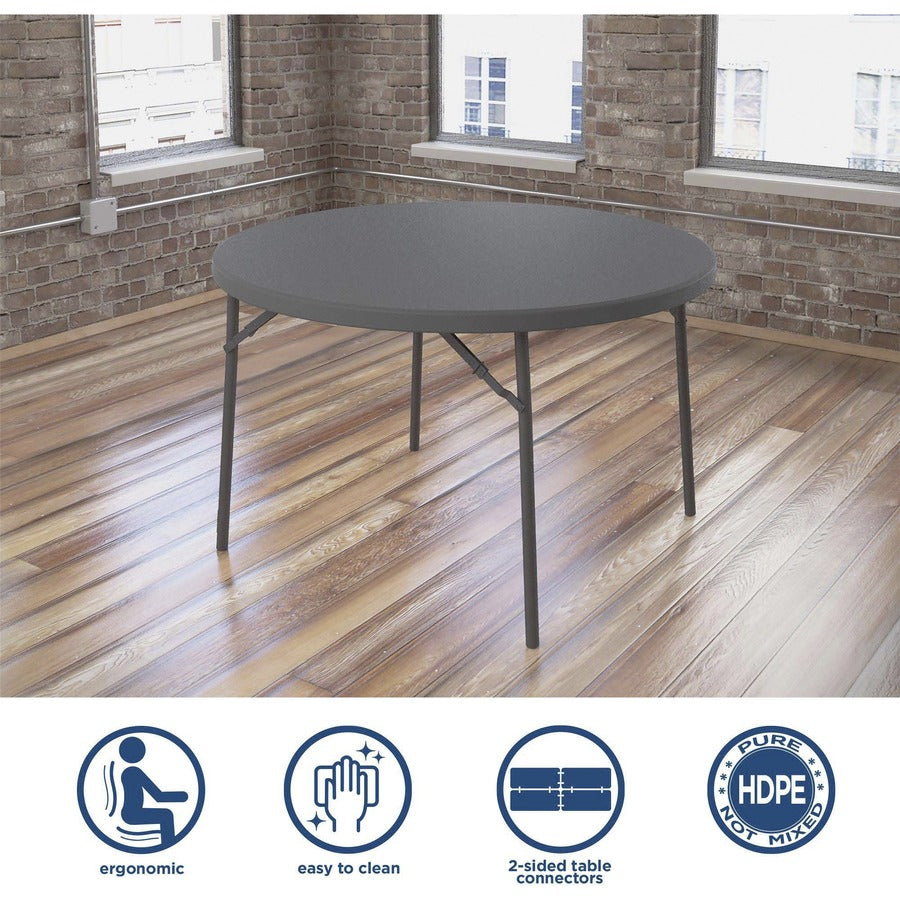 Dorel Zown Commercial Round Blow Mold Fold Table - Round Top - 4 Legs - 750 lb Capacity - 48" Table Top Diameter - 29.30" Height - Gray - High-density Polyethylene (HDPE), Resin - 1 Each