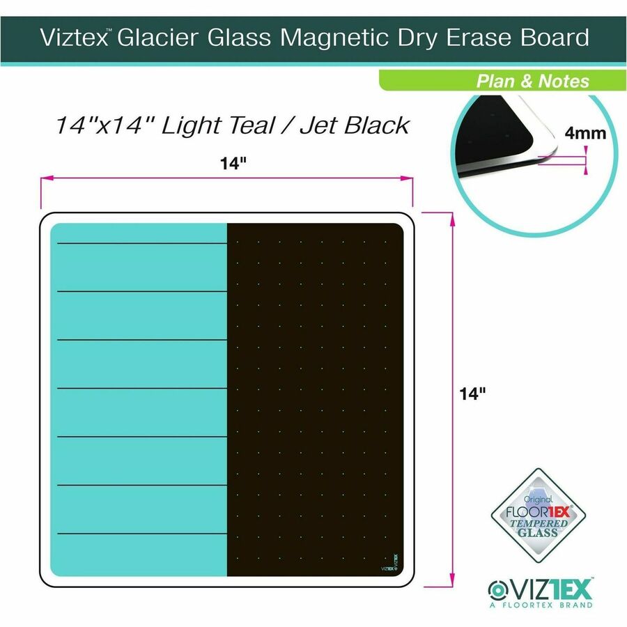 Floortex Cleartex Glacier Teal & Black Plan & Grid Glass Dry-Erase Board - 14" x 14"