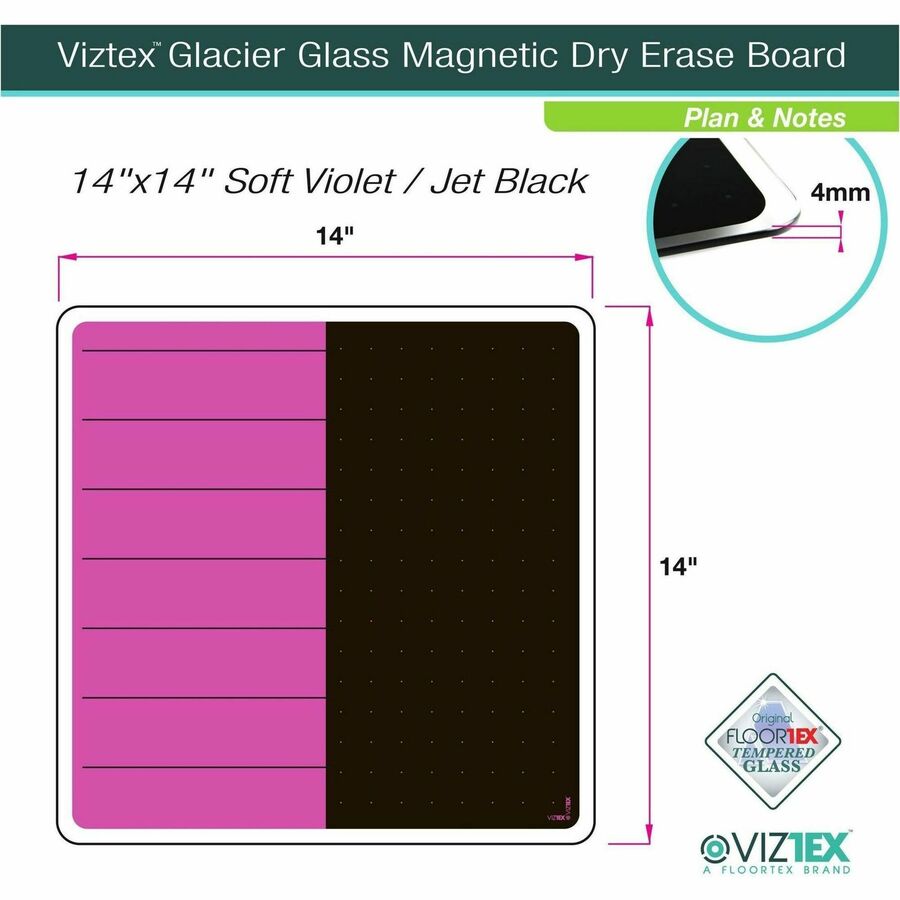 Floortex Viztex&reg; Glacier Violet & Black Plan & Grid Glass Dry-Erase Board - 14" x 14"