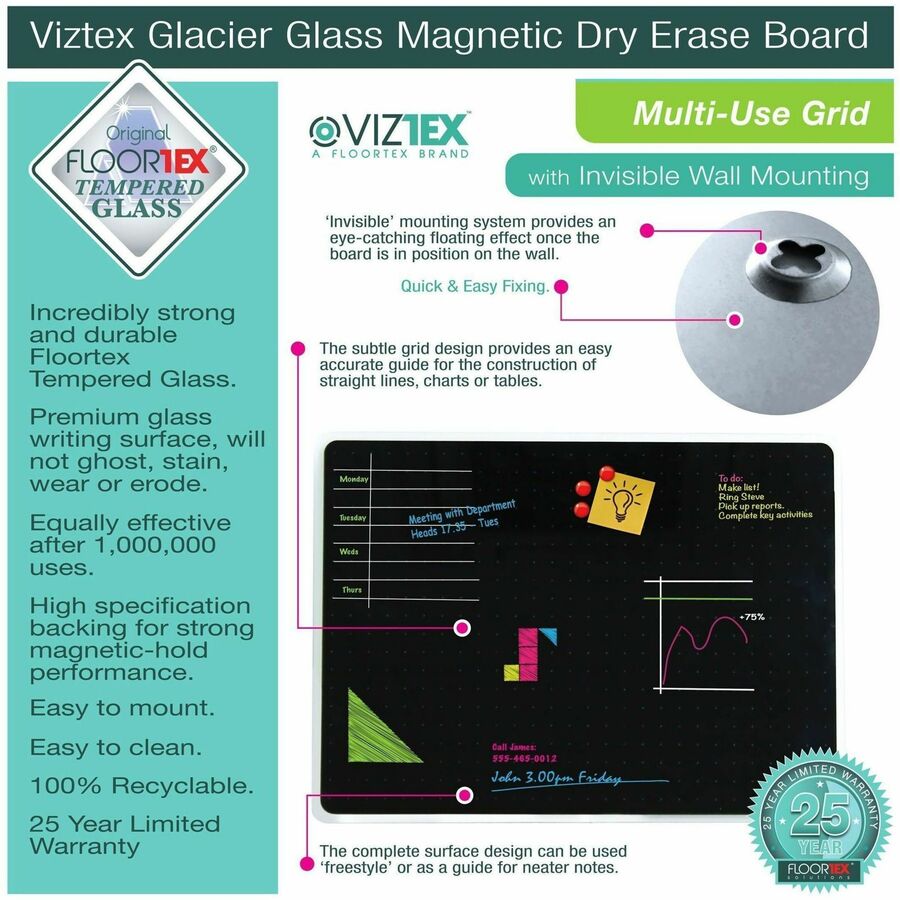 Floortex Viztex&reg; Glacier White Multi-Purpose Grid Glass Dry-Erase Board -14" x 14"