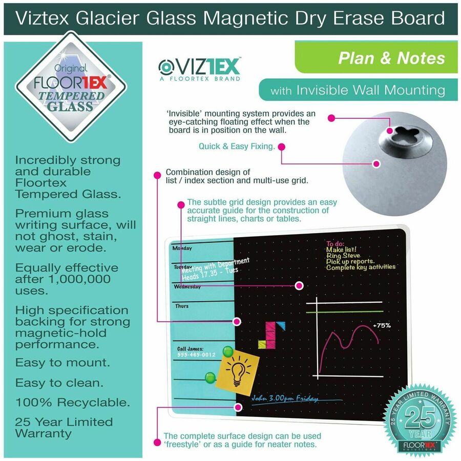 Floortex Viztex&reg; Glacier White & Black Plan & Grid Glass Dry-Erase Board - 14" x 14"