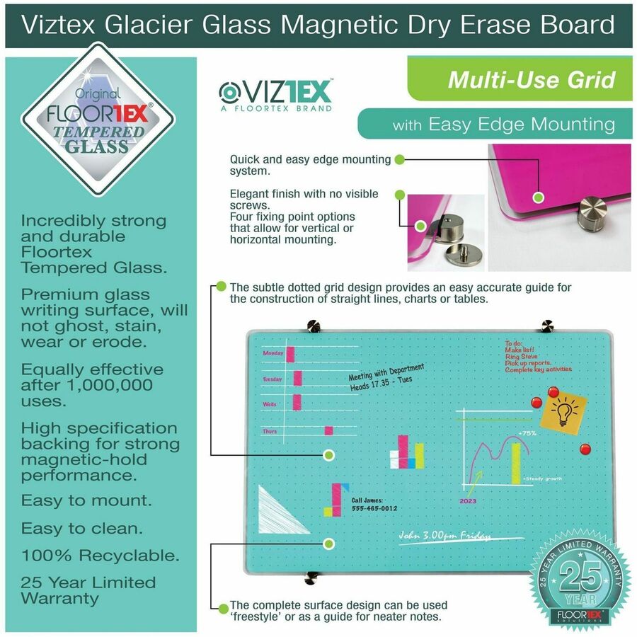 Floortex Viztex&reg; Glacier Teal Multi-Purpose Grid Glass Dry-Erase Board 24" x 36"