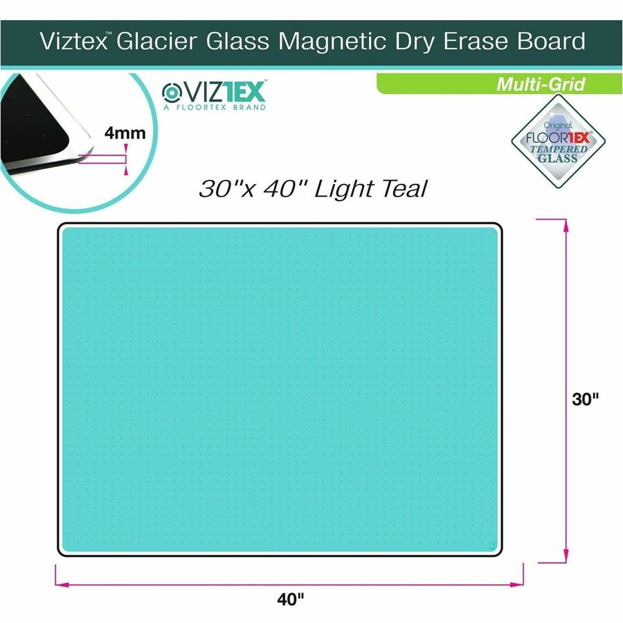 Floortex Viztex&reg; Glacier Teal Multi-Purpose Grid Glass Dry-Erase Board 30" x 40"