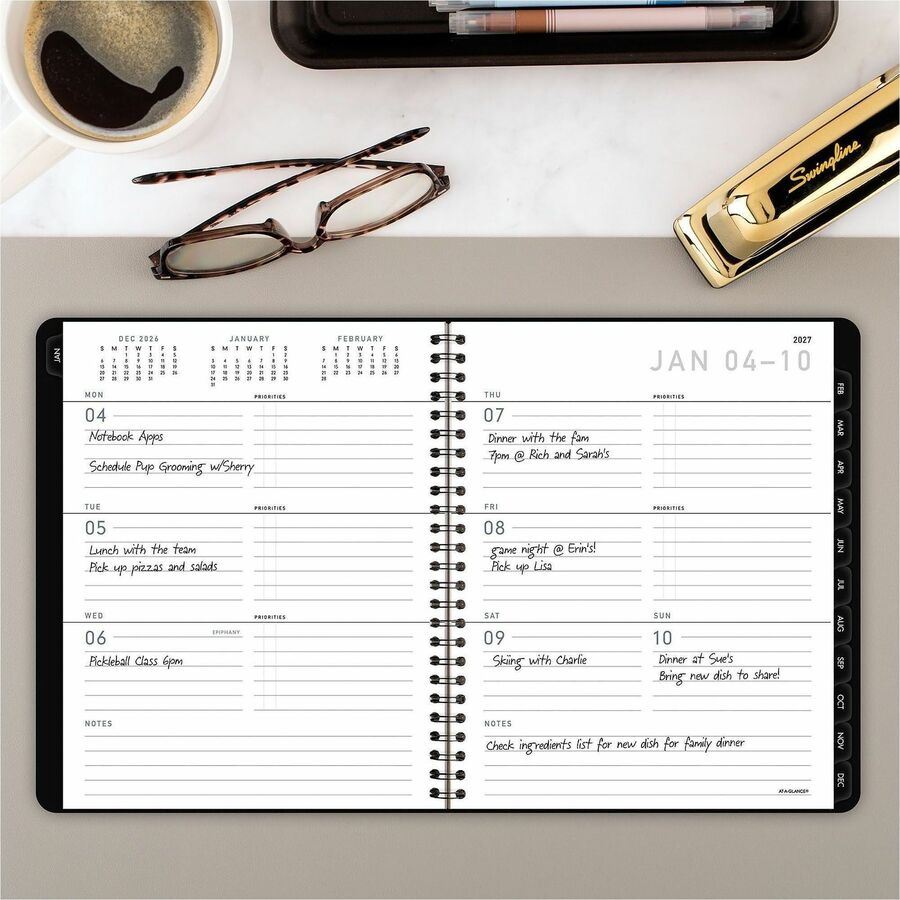 At-A-Glance Contemporary Lite Planner, Medium, Weekly/Monthly, 12 Months (Jan-Dec 2026), 7" x 8 3/4", Wire Bound, Black/Gold Cover, Bleed Resistant Paper, 1 Each