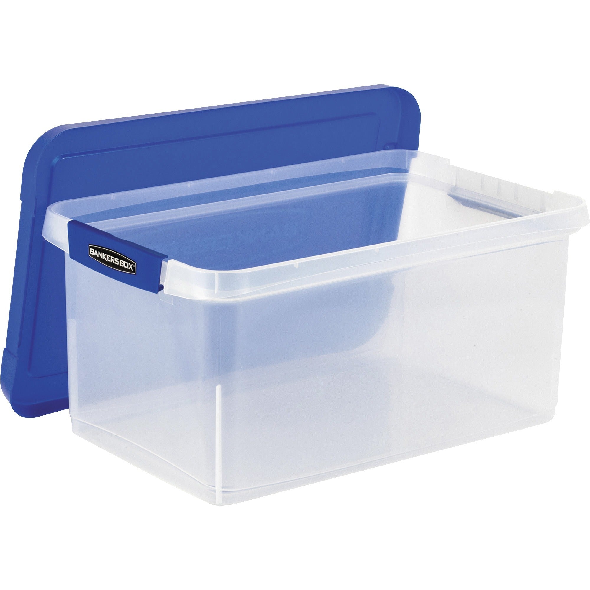 External Dimensions: 14.2" Width x 22.4" Depth x 10.6" Height - Media Size Supported: Letter 8.50" x 11" - Lid Lock Closure - Heavy Duty - Stackable - Plastic, Polypropylene - Clear, Blue - For File, Document, Storage - 1 Each - TAA Compliant