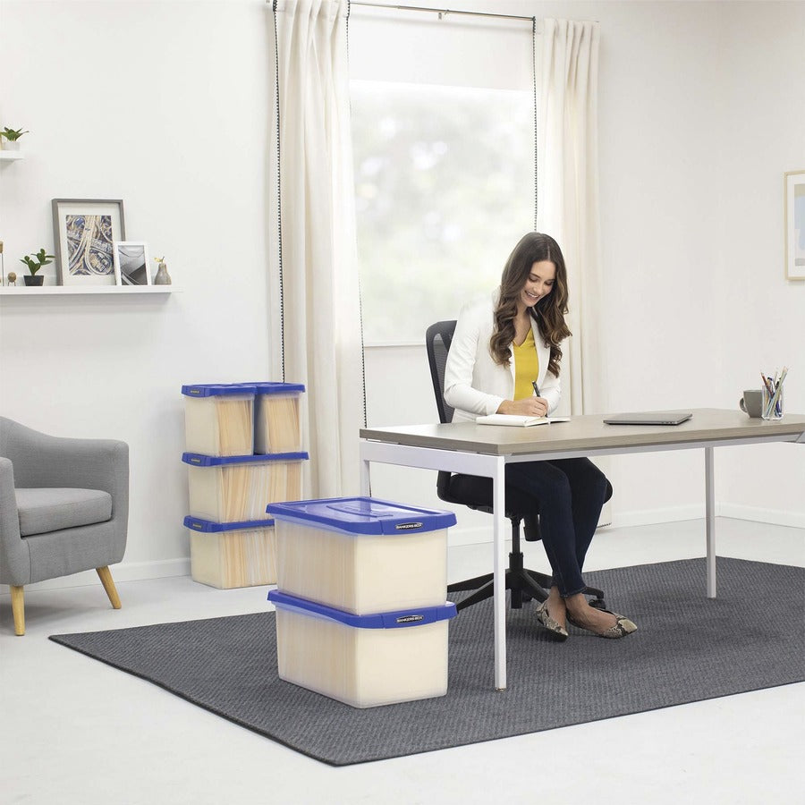 External Dimensions: 14.2" Width x 22.4" Depth x 10.6" Height - Media Size Supported: Letter 8.50" x 11" - Lid Lock Closure - Heavy Duty - Stackable - Plastic, Polypropylene - Clear, Blue - For File, Document, Storage - 1 Each - TAA Compliant