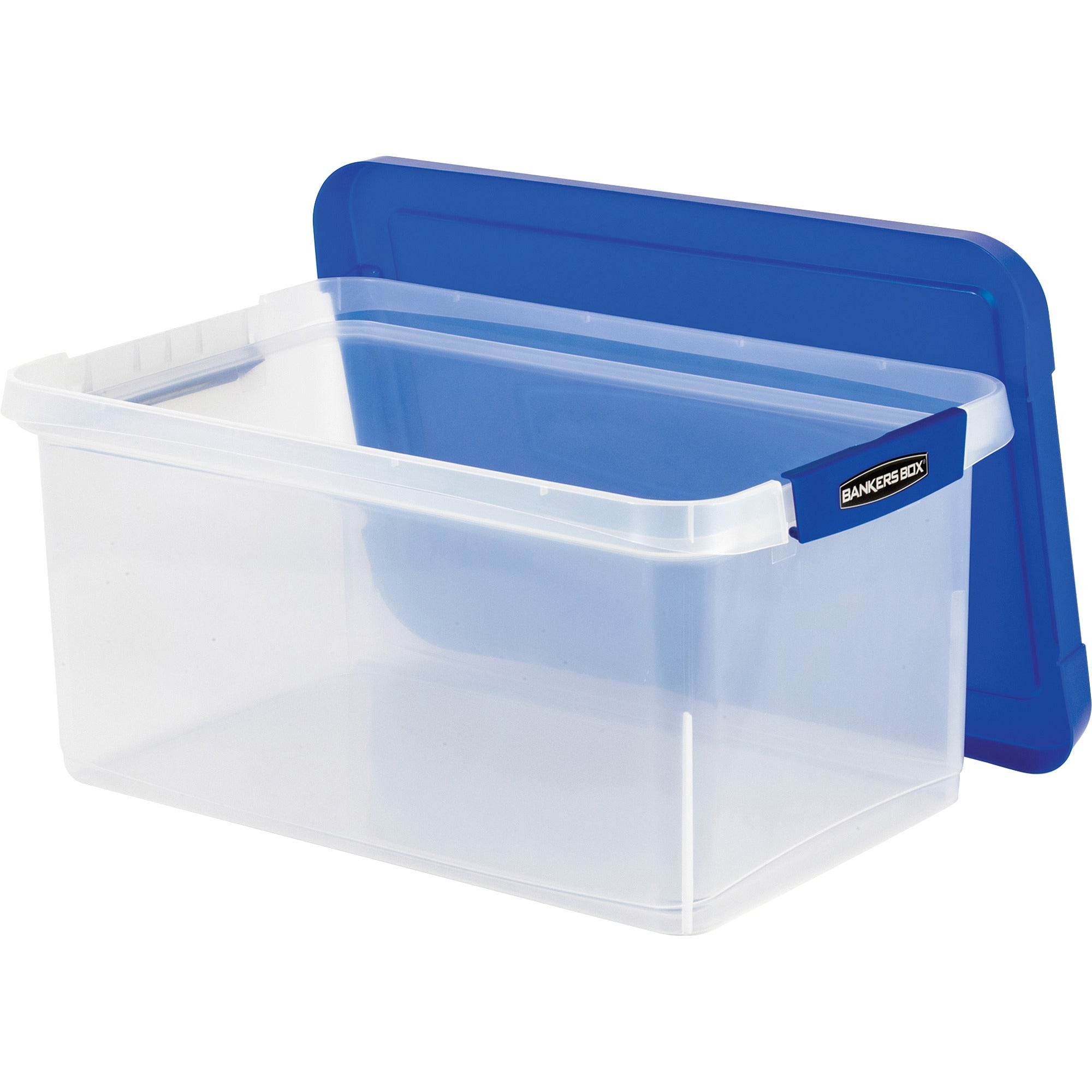 External Dimensions: 14.2" Width x 22.4" Depth x 10.6" Height - Media Size Supported: Letter 8.50" x 11" - Lid Lock Closure - Heavy Duty - Stackable - Plastic, Polypropylene - Clear, Blue - For File, Document, Storage - 1 Each - TAA Compliant