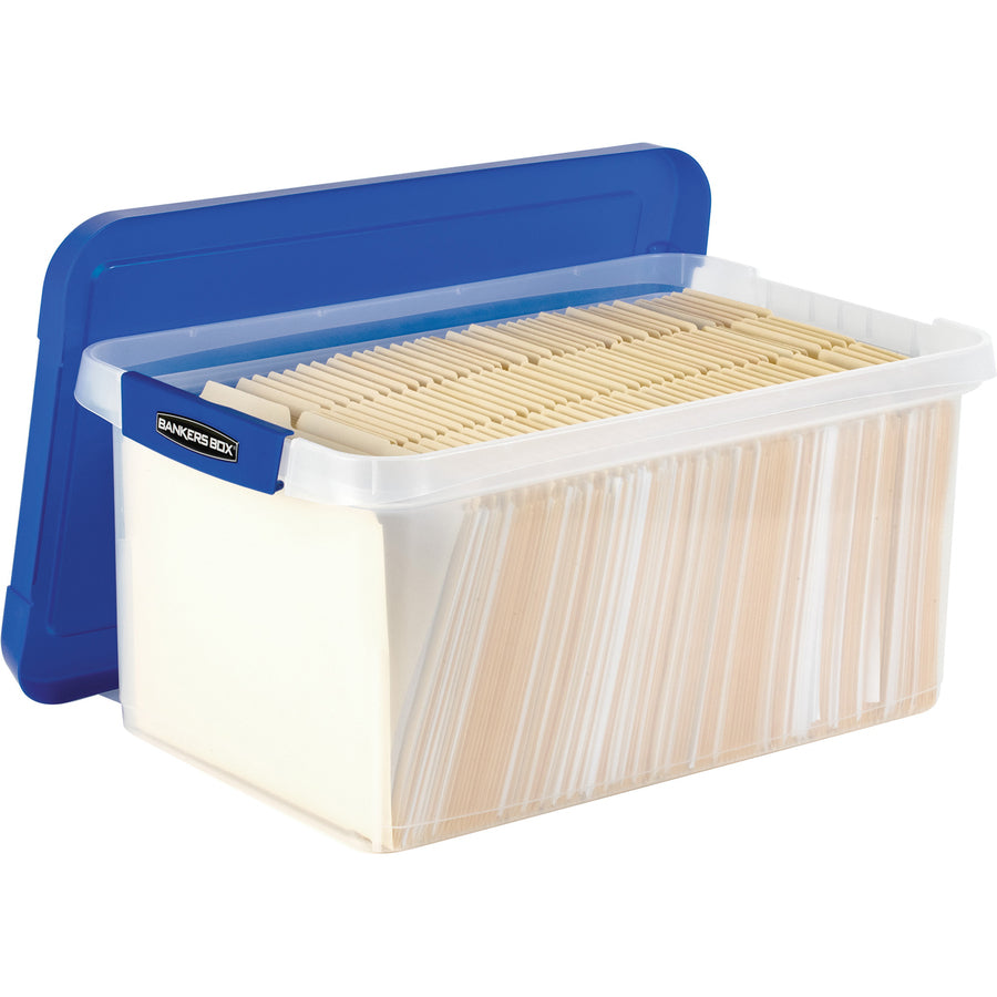 External Dimensions: 14.2" Width x 22.4" Depth x 10.6" Height - Media Size Supported: Letter 8.50" x 11" - Lid Lock Closure - Heavy Duty - Stackable - Plastic, Polypropylene - Clear, Blue - For File, Document, Storage - 1 Each - TAA Compliant