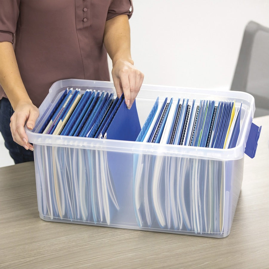 External Dimensions: 14.2" Width x 22.4" Depth x 10.6" Height - Media Size Supported: Letter 8.50" x 11" - Lid Lock Closure - Heavy Duty - Stackable - Plastic, Polypropylene - Clear, Blue - For File, Document, Storage - 1 Each - TAA Compliant