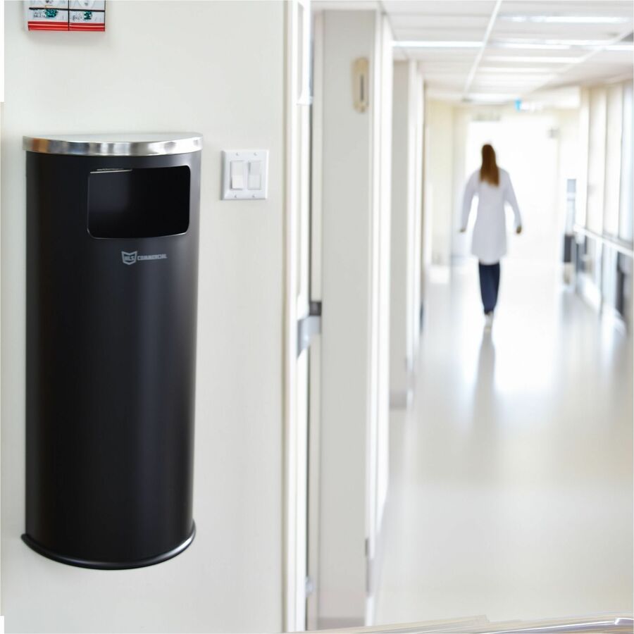 HLS Commercial 9-Gallon Half-Round Side-Entry Trash Can, Removable Lid, Wall Mountable, Fingerprint & Smudge Resistant, Powder Coated & Galvanized Steel, Black, 1 Each