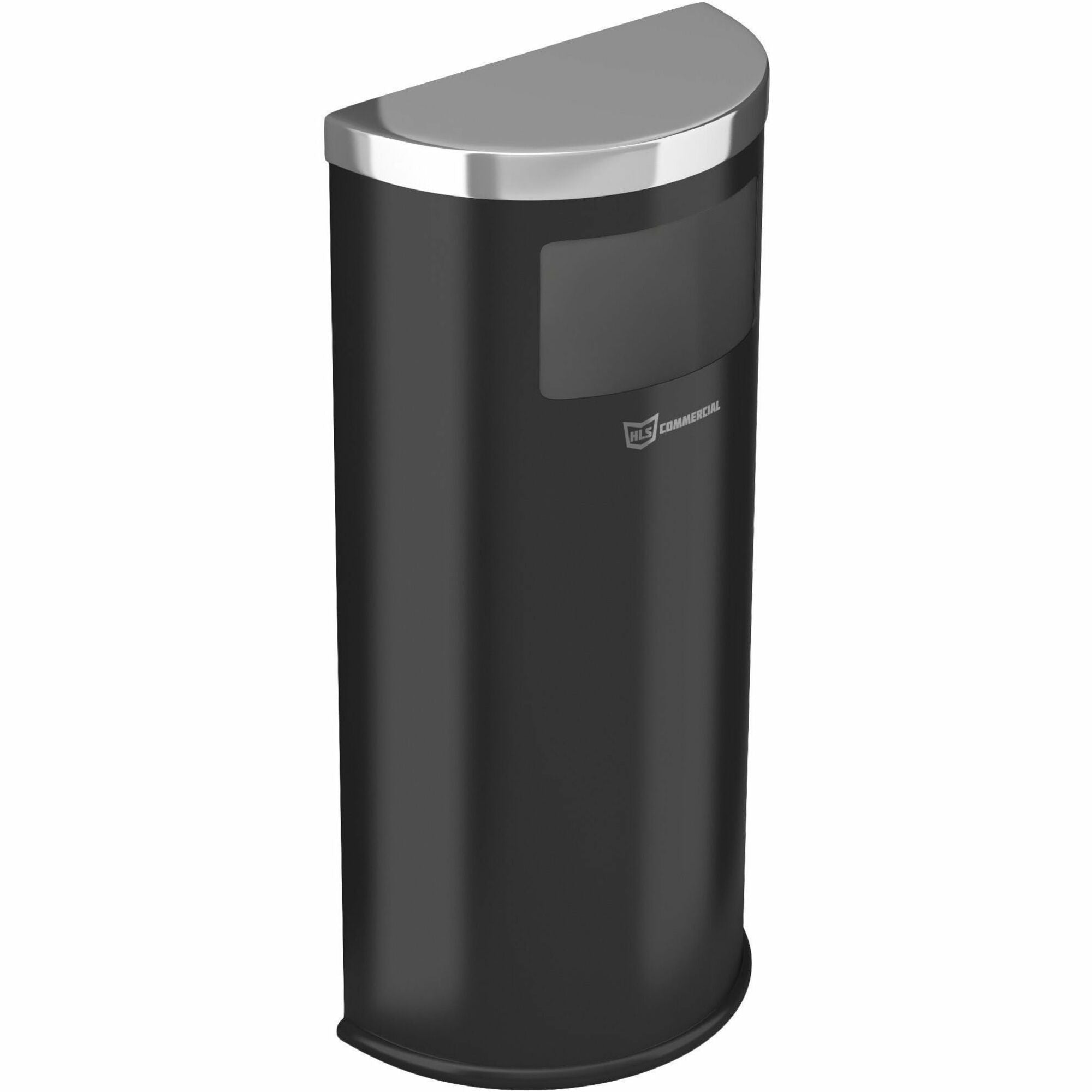 HLS Commercial 9-Gallon Half-Round Side-Entry Trash Can, Removable Lid, Wall Mountable, Fingerprint & Smudge Resistant, Powder Coated & Galvanized Steel, Black, 1 Each