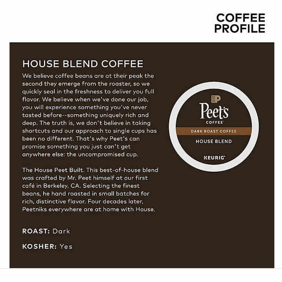 Peet's Coffee&reg; K-Cup House Blend Coffee - Compatible with Keurig Brewer - Dark - K-Cup - 22 / Box