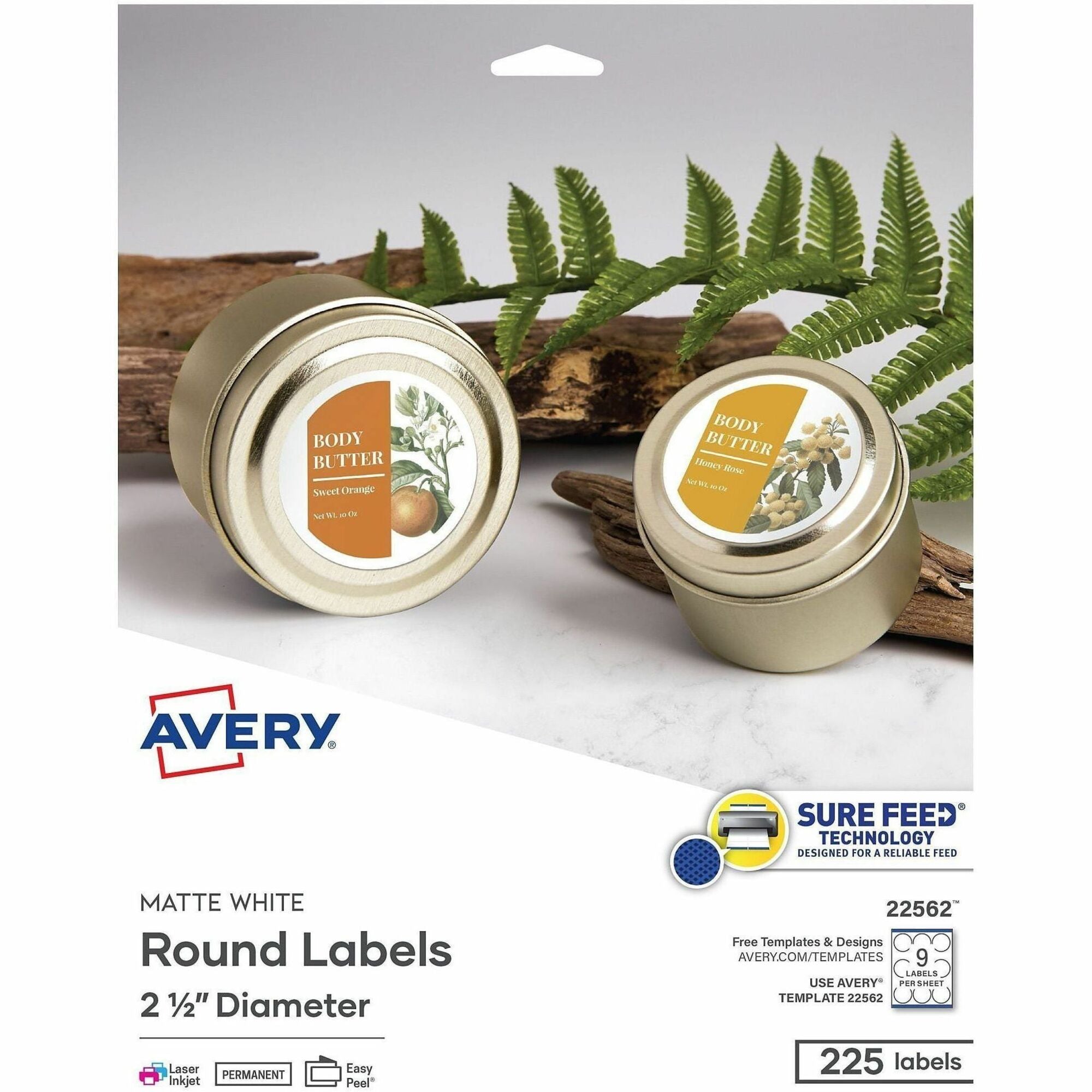 Avery&reg; Printable Round Labels, 2.5" , Matte White, 225 Labels (22562)