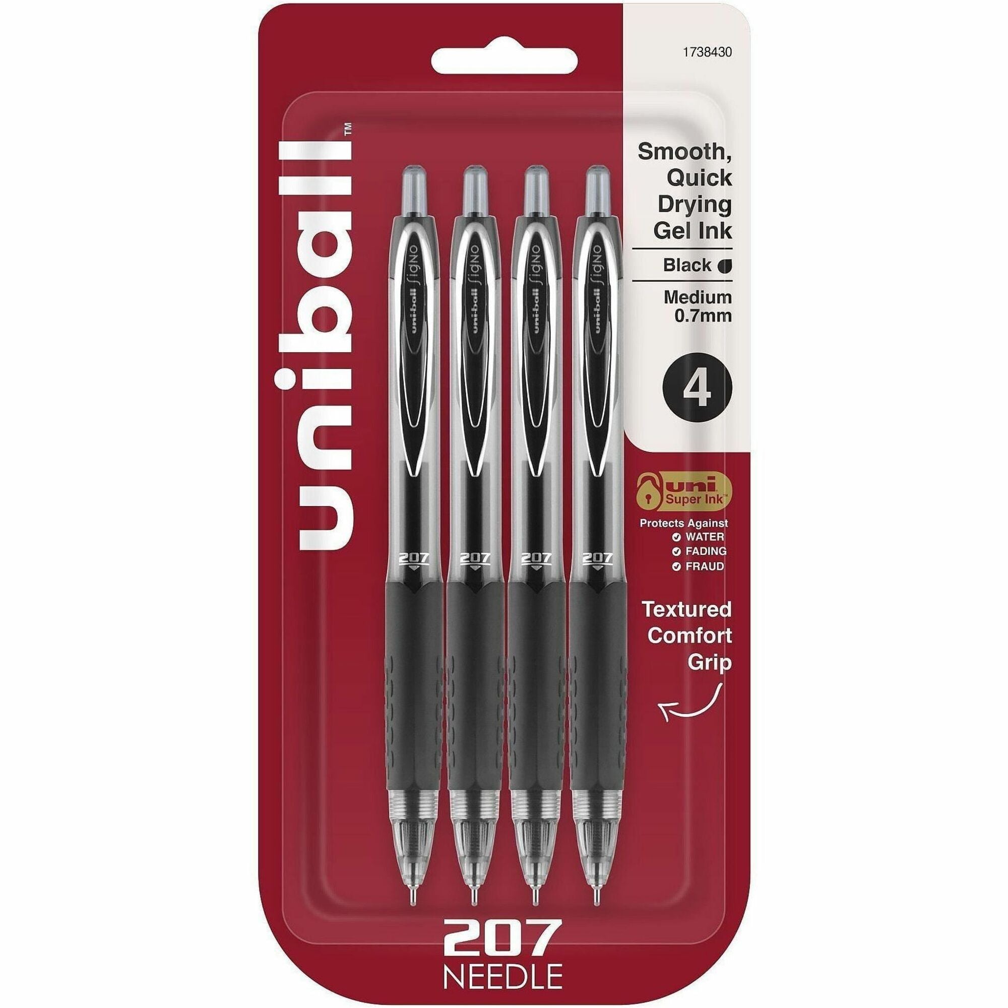 uniball™ 207 Needle Gel Pens - 0.7 mm Medium Needle Pen Point - Refillable - Retractable - Black Ink - Gel-based - Black Plastic Barrel - Tungsten Carbide, Stainless Steel Tip - 4 / Pack